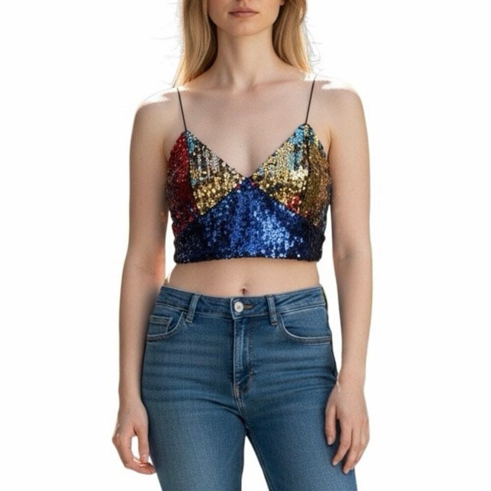 NWT SHEIN Colorblock Sequin V-Neck Cami Crop Top XS Party Festival Club - Picture 2 of 10